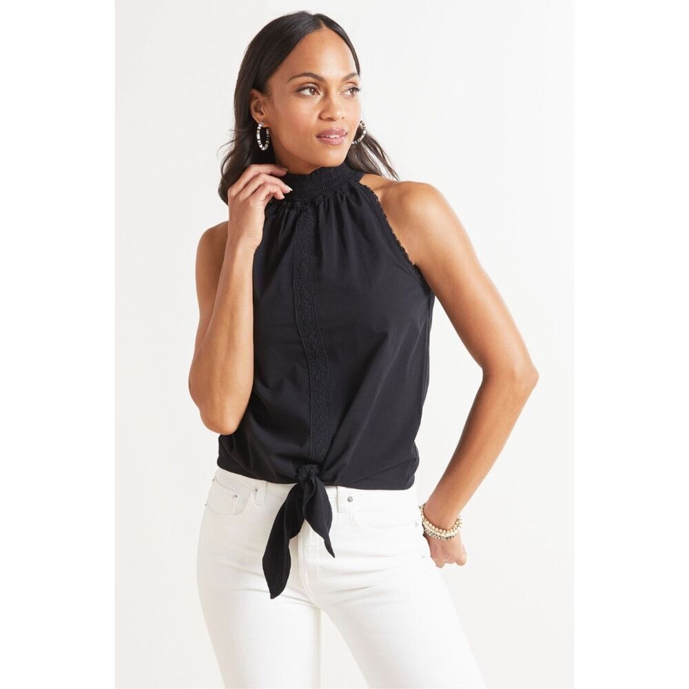 Red Haute Poplin Black Tie Front High Neck Top Tank Blouse